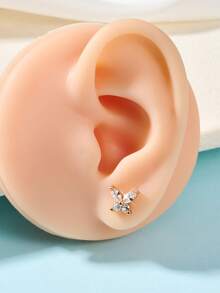 1pc Gold Plated Earring, 20g, Multi-Element Design With Heart, Butterfly, Flower, Star, Cross Shapes, Inlaid Zirconia, Valentine's Day Gift - Gold - View 23