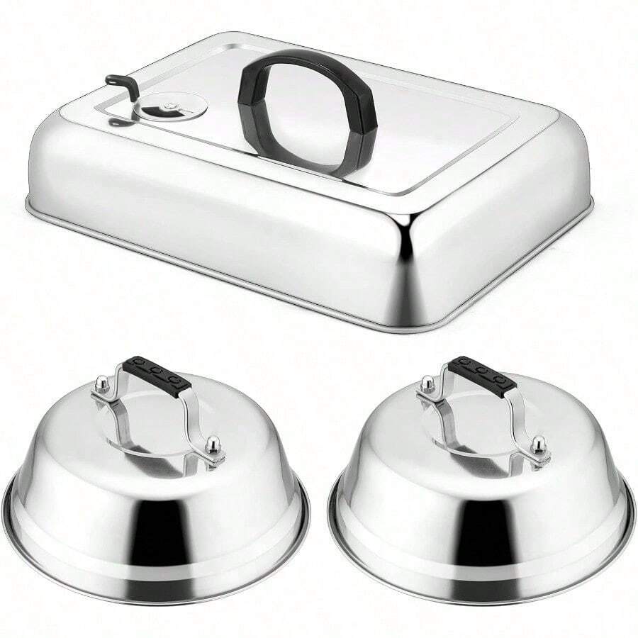 Leonyo - Juego de 2 cupula de fusion resistente para plancha cubierta rectangular de acero inoxidable de 13 pulgadas tapa de vapor para parrilla plana - 2 x 9 pulgadas redondo y 1 x 13 pulgadas rectangular - Ver 1