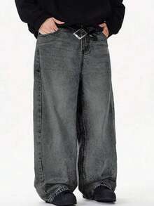 Vintage-gewaschene, locker geschnittene Straight-Leg Herren Jeans - Grau - Übersicht 4