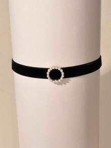 1 Pc Fashion Faux Pearl Decor Black Velvet Choker Necklace For Women Party Daily Prom Jewelry - 黑色 - 查看 3