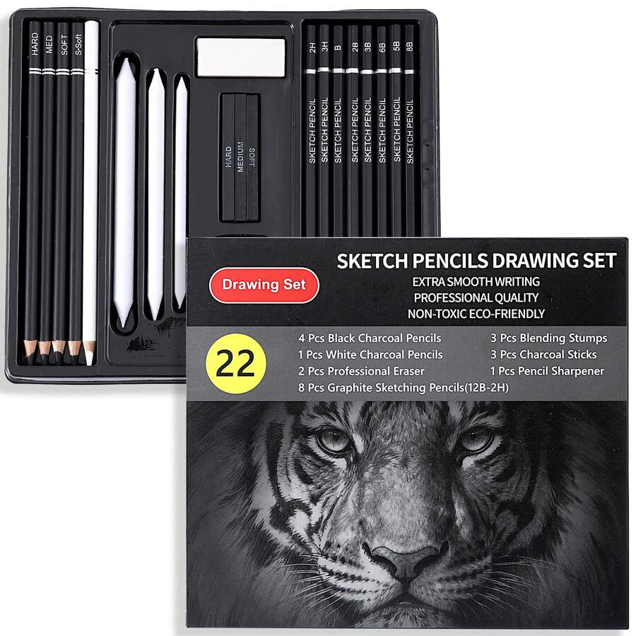 Professional Sketch Pencil Set -22 Piece Set Of Graphite And Charcoal Drawing Kit, With Eraser And Sharpener | A Complete Set Of Art Supplies Suitable For Beginners And Artists - Black 22-piece Set - View 1