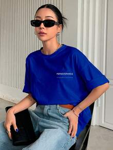 T Shirt Camiseta Estampa Perseverance Letras Preseverança Blusa Minimalista Despojada Moderna Sofisticada Simples Básica Verão Oversized - Azul Royal - Visão 7