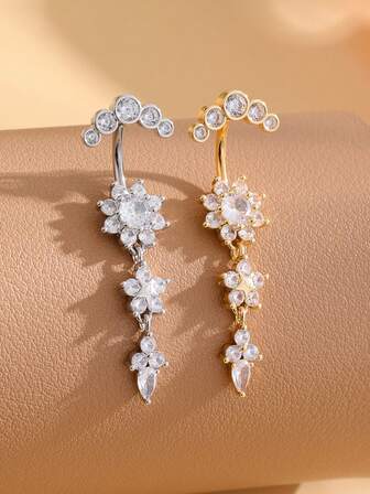 1pc Zirconia Inlaid Crescent Shaped Navel Ring Pendant, Sexy Piercing Jewelry For Women, Suitable For Festivals