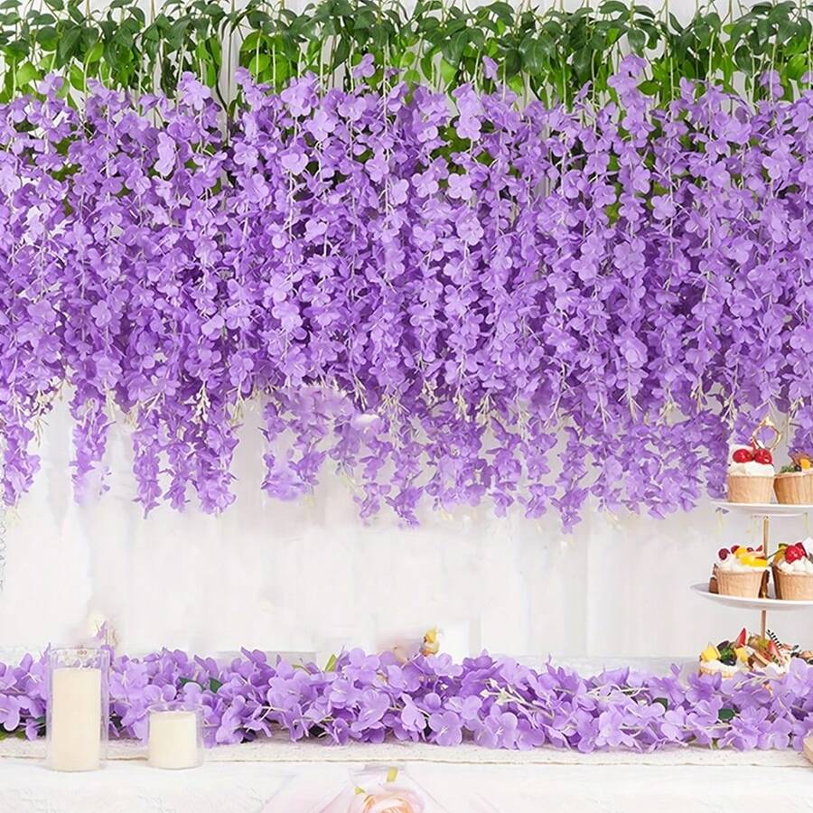 4pcs Faux Wisteria Garland 5.7ft Artificial Flower Vines Perfect For Garden Decor Outdoor Wedding Arches Decor (Purple) - Purple - View 1