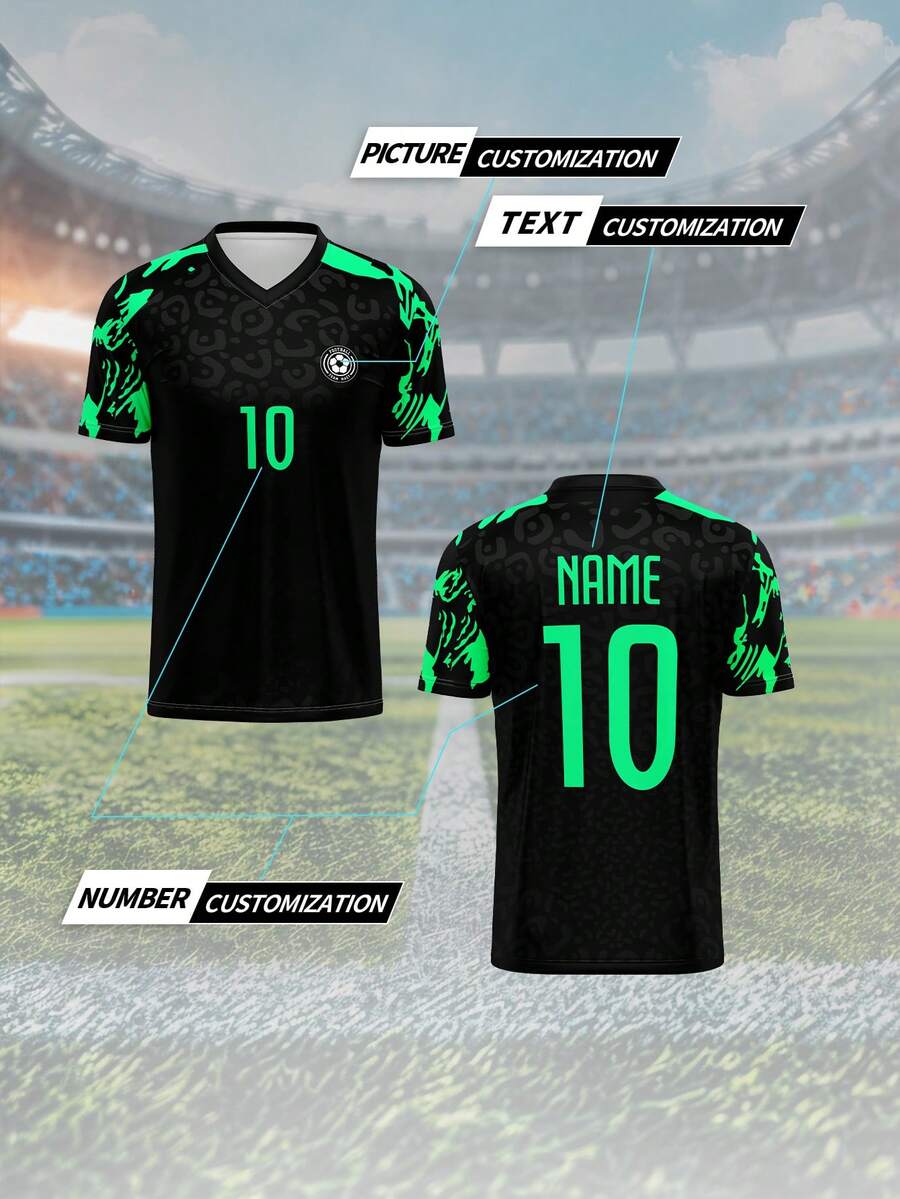 Camisa esportiva personalizada 2025, modelo masculino com decote em V, ideal para treinos de times de futebol, com nome, número e logo personalizados na frente e nas costas. Confortável e perfeita para uso casual, festas e no dia a dia.