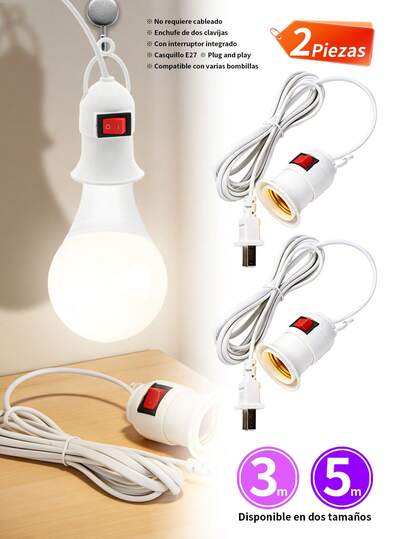 2 Piezas Lighting Extension Cord With Socket Switch, 5 Metros/3 Metros,Zócalo de luz colgante con cable de alimentación Con enchufe interruptor Zócalo de lámpara E27 Cable de luz,para lámparas de noche, de mesita y de pared, iluminación comercial.