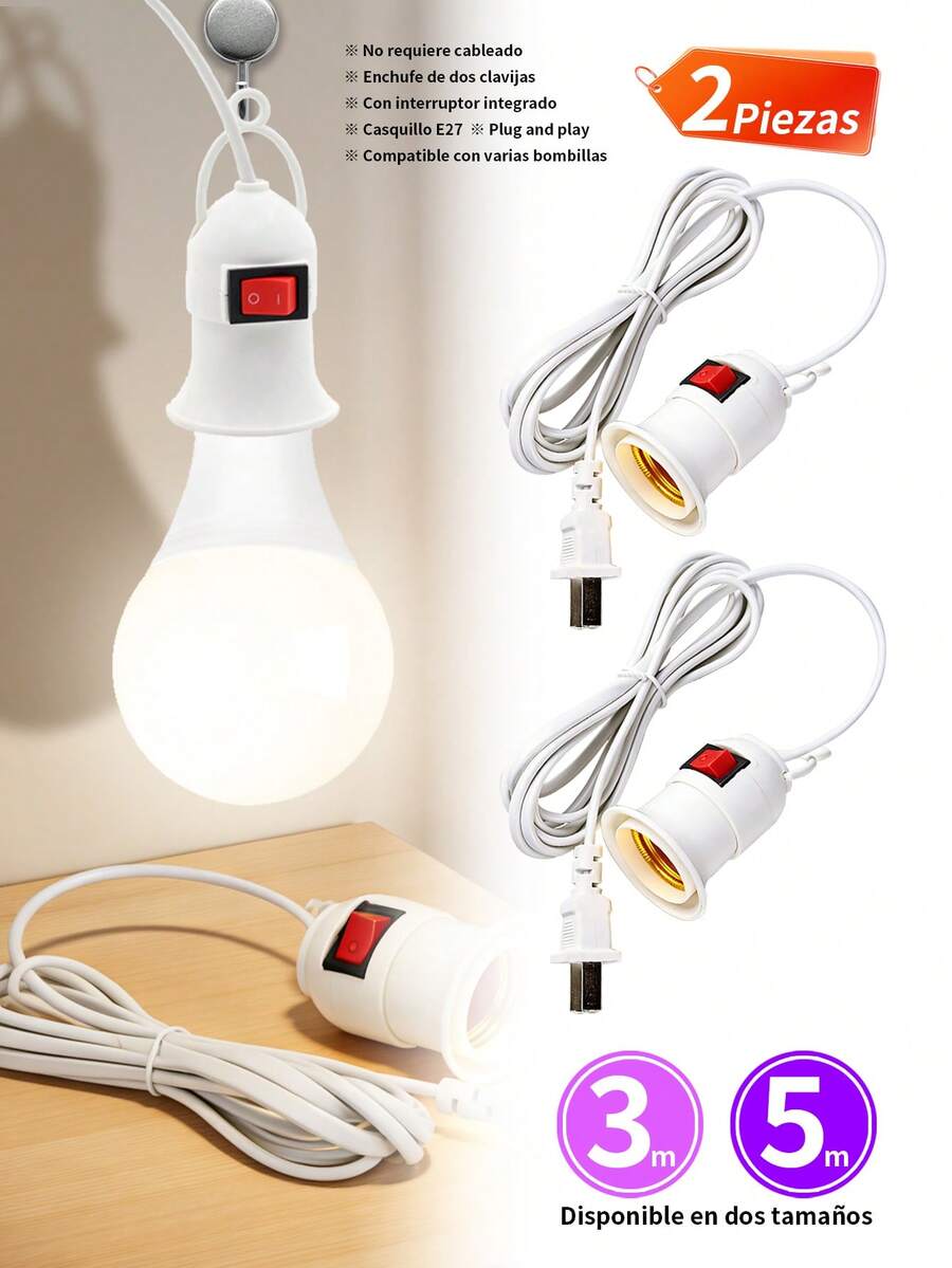 2 Piezas Lighting Extension Cord With Socket Switch, 5 Metros/3 Metros,Zócalo de luz colgante con cable de alimentación Con enchufe interruptor Zócalo de lámpara E27 Cable de luz,para lámparas de noche, de mesita y de pared, iluminación comercial. - 2 piezas - Ver 1