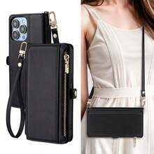 PU皮革翻盖保护套，带挂绳、钱包式卡槽和多功能手机袋 - 黑色 - 查看 1