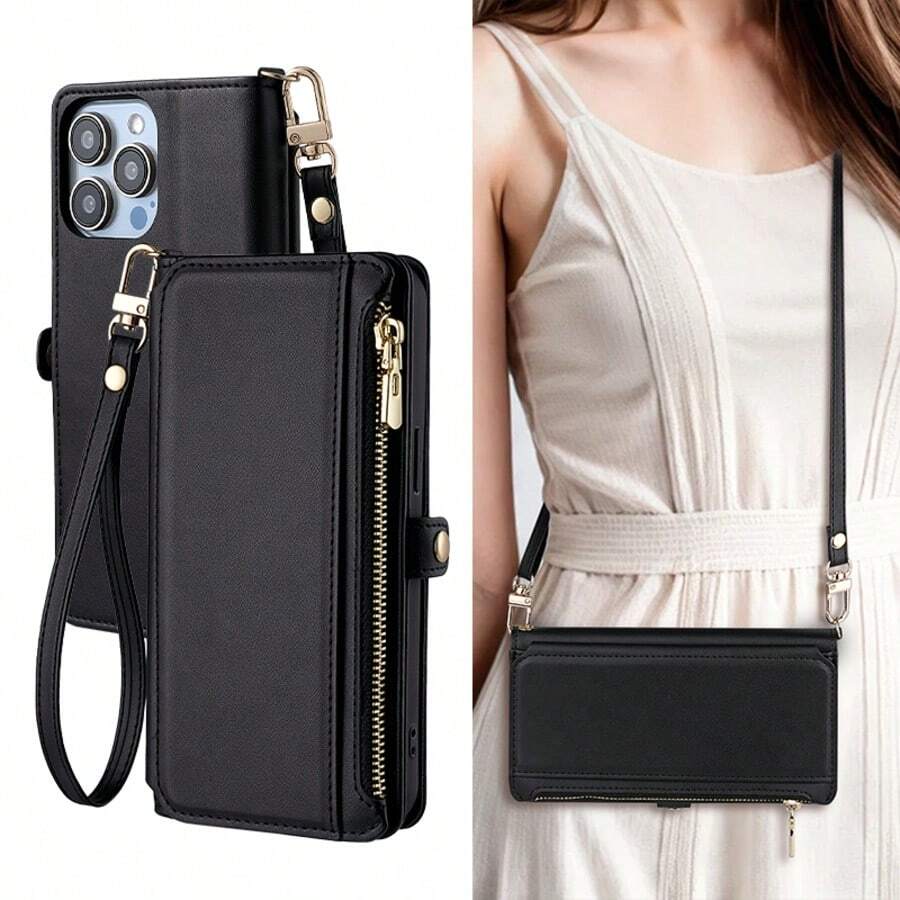 PU皮革翻盖保护套，带挂绳、钱包式卡槽和多功能手机袋 - 黑色 - 查看 1