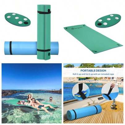 Soozier Plataforma flotante de 12'x 5' con lirios y portavasos, plataforma flotante portátil de 3 capas para 2-3 personas, para lago, río, playa, piscina, color verde