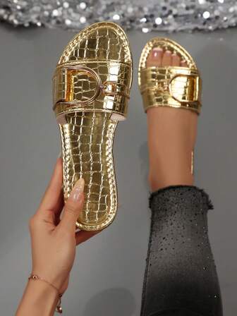 New Plus Size Women Comfortable Simple Round Toe Metal Buckle Stone Texture One-Strap Flat Slide Sandals, Casual Fashion Outdoor Vacation Beach Summer Shoes