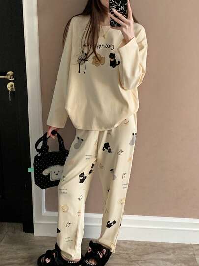 2件套卡通休闲女式圆领睡衣，可爱印花长袖长裤家居服套装，春秋季