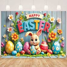1pc Frohe Ostern Decorative Banner, Wooden Rabbit And Easter Egg Backdrop, Party Photography Banner Sign, Holiday Supplies, Party Wall Decoration, Home Indoor And Outdoor Decoration, Garden And Patio Banner - Multicolor - View 7
