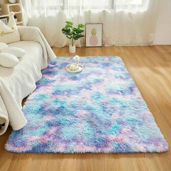 Soft Long Rug For Bedroom Living Room Blue Rainbow Color Plush Fluffy Bedside Rug Shag Furry Rug Carpet Non Shedding For Girls Room Home Decorative