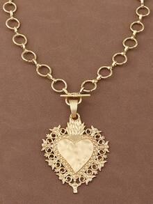 SUPBORA 1pc Fashion Matte Gold/Silver Color Asymmetrical Open Hollow Square Shape Pendant Chunky Chain Statement Necklace Suitable For Women's Daily Wear 18" - Heart - View 2