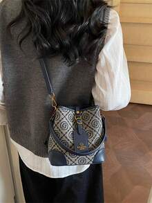 提花蓝色水桶包，百搭时尚，经典手提包，2026新款设计，时尚单肩斜挎包，小众奢华品牌托特包，女士奢华手提包，品牌单肩手提包，抽绳包，酒红色女士包，轻便单肩斜挎包 - 藍色 - 查看 6