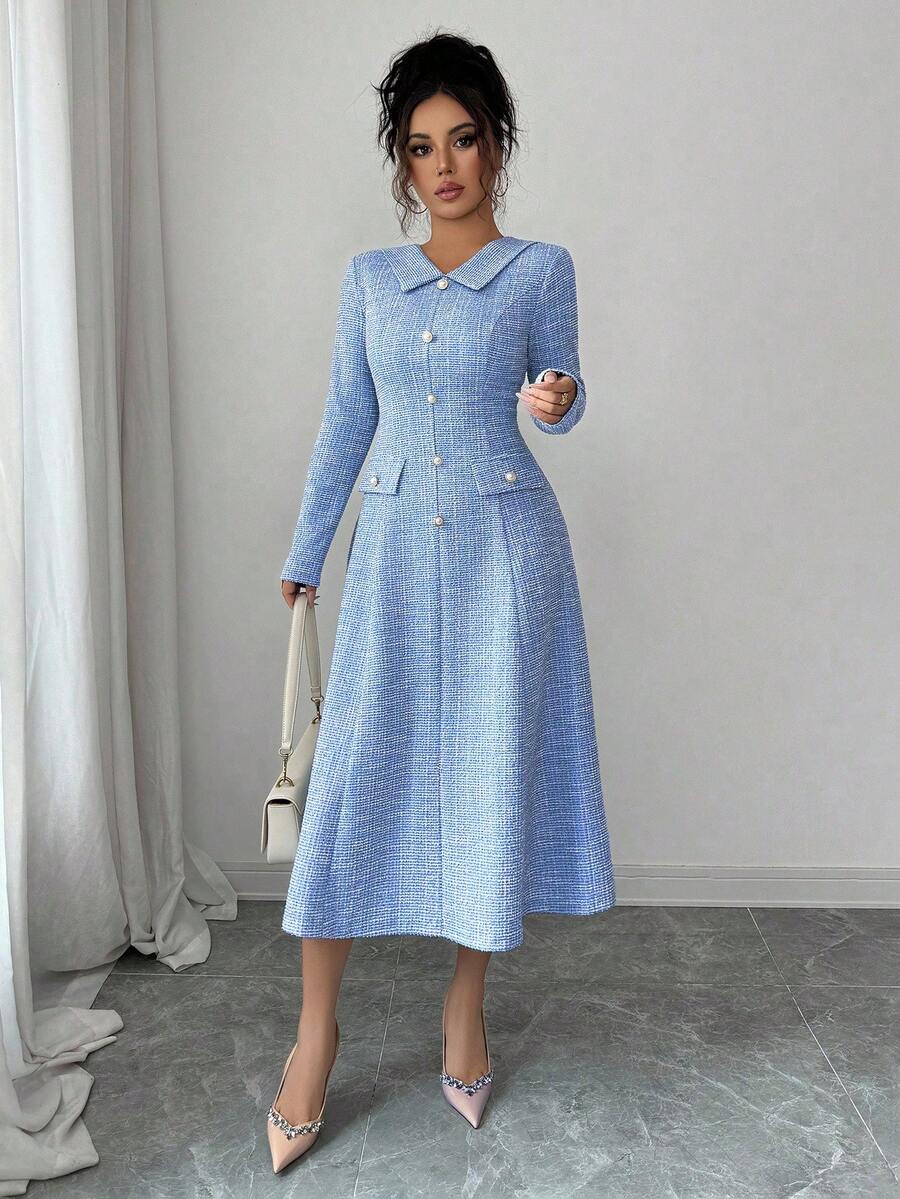 Women's Collared Long Sleeve Button Design Elegant Dress, Suitable For Christmas And New Year Dates - Blue and White - View 1