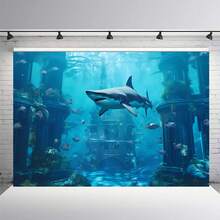 1pc Shark Underwater World Photography Backdrop, Birthday Party Decoration, Aquarium Ocean Background Banner - Multicolor - View 4