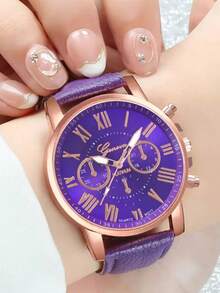 14pcs Women's Watch PU Leather Fashion Simple Three Eye Roman Scale Dial Quartz Watch Set Wristwatch Party Wedding Gift Beach Vacation Valentine Gift