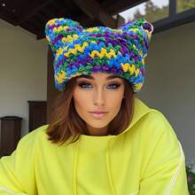 1pc New Fashion Creative Women's Cute Cat Ear Knitted Hat Thick Yarn Handmade Needle - 紅色 - 查看 4