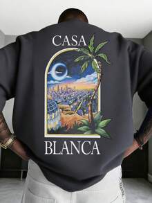 男士休闲百搭简约美式街景艺术相关元素短袖T恤 - 深灰色 - 查看 1