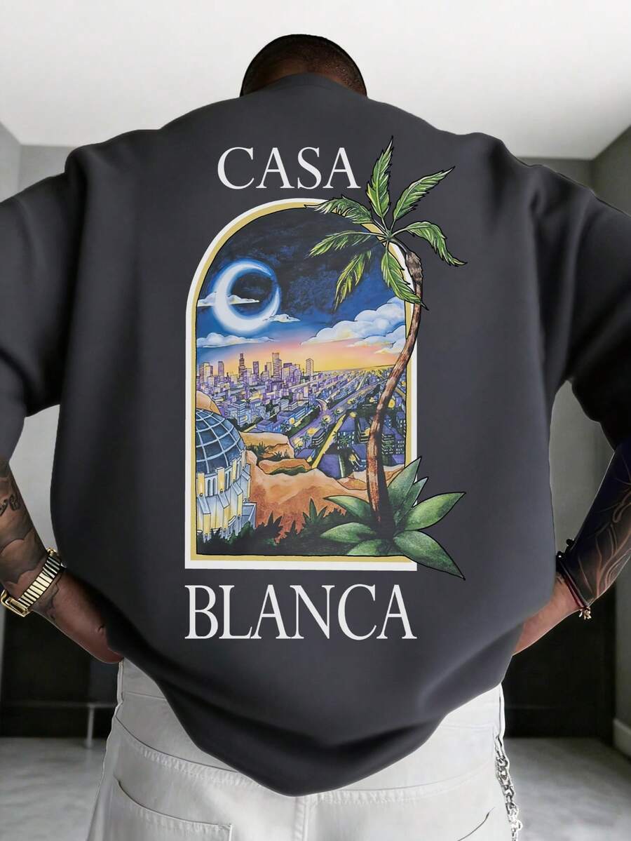 男士休闲百搭简约美式街景艺术相关元素短袖T恤 - 深灰色 - 查看 1