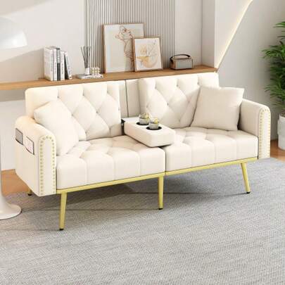 Double Ausklappbares Schlafsofa Mit Liegefunktion, Trois Verstellbaren Neigungswinkeln Et Getränkehalter. Geeignet Für Wohnzimmer, Schlafzimmer, Heimkino Or Gästezimmer. Stoffbezug. Beige.