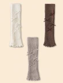 Knitted Sock Set With Bow Detail, Neutral-Coloured Ribbed Socks, Ladies' Soft And Comfortable Socks, Suitable For Year-Round Home Wear. - Multicolor - View 11