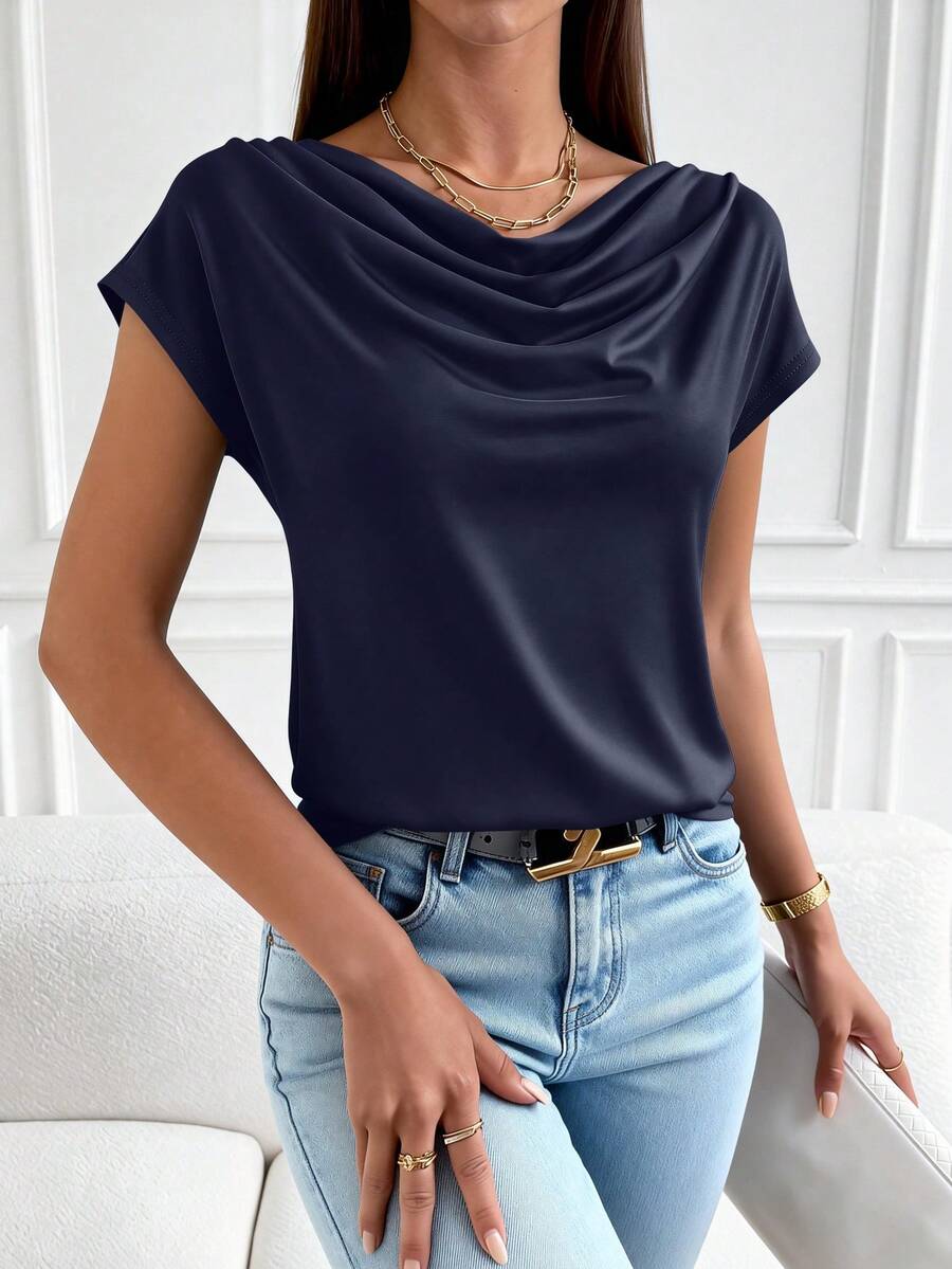 PRETTYGARDEN Women's Summer Clothes Tops Dressy Casual Clothing Cowl Neck Short Sleeve Blouses Business Work Office Shirts Tops For Women - 海軍藍色 - 查看 1