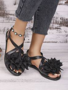 New Criss-Cross Floral Design Women Flat Sandals, Casual Fashion Versatile Lightweight Beach Sandals - Black - View 2