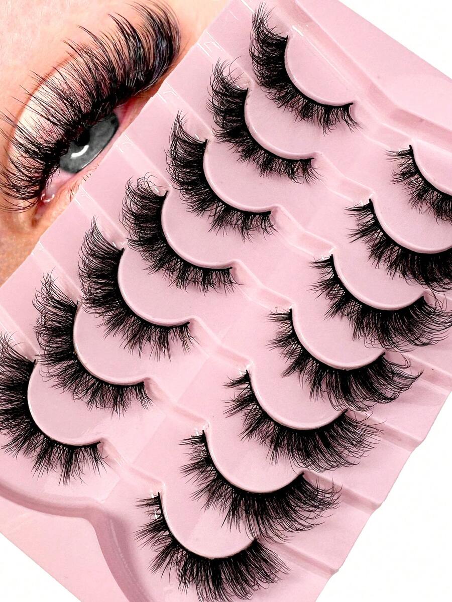 7 Pairs Half Lashes Cat Eye False Eyelashes Manga Eyelashes Short Soft 3d Faux Mink Eyelashes Natural Makeup,Gift For Women & Girl,7mm-16mm,False Eyelashes Natural,Ultra-Light,Long-Lasting,Enlarged Double Eye,Handmade,Soft,Skin-Friendly,Individual Lashes,Cat Eye Lashes,Professional,For Women-2hao - 黑色 - 查看 1