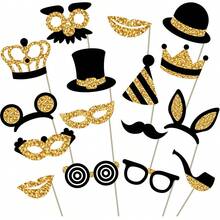 16/40 Pcs Fun Photo Booth Props Set Black & Golden Photo Booth Props Kit Hats Tie Crowns Mustache Paper Photo Props For Birthday Wedding Graduation Prom New Year Selfie Accessories - Black Gold - View 10