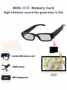 1080P高清视频眼镜，摄像眼镜，智能眼镜，高清电脑网络摄像头，超长续航，适用于骑行、驾驶跑车、徒步旅行、钓鱼、海滩漫步、旅游等场合，配备存储卡，百搭黑色，包含32GB/64GB存储卡 - 黑色 - 查看 9