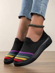 女士平底套脚鞋，时尚休闲舒适运动鞋，方便休闲鞋，白色帆布鞋 - 黑色 - 查看 4