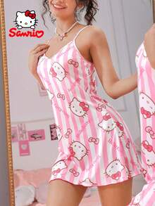 Sanrio Hello Kitty Women's Pajamas, Pink, V-Neck, Letter & Bow Print, Vertical Striped, Sleepwear, Cute Nightgown, Loungewear - Pink - View 5