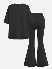 2pcs/Set Girls' Gaming Headset Print Short Sleeve T-Shirt And Flared Pants, Spring/Summer - Black - View 3