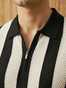 男士撞色条纹短袖镂空针织上衣 - 黑色 - 查看 4