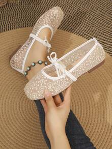 New Breathable Mesh Bow Mary Jane Shoes - Beige - View 9