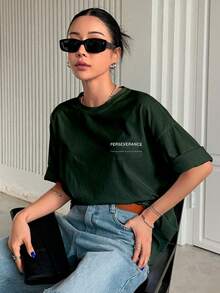 T-Shirt With "Perseverance" Print Lettering. Minimalist, Casual, Modern, Sophisticated, Simple, Basic, Summer, Oversized. - Army Green - View 6