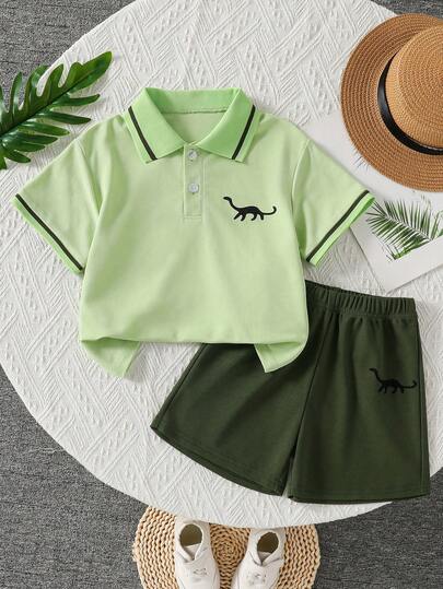 2pcs/Set Young Boy's Casual Fashion Preppy Style Minimalist Fresh Jurassic Dinosaur Print Polo Shirt With Collar Paired With Solid Color Shorts, Suitable For Outdoor, Back To School, Commute, Social Gatherings, Spring/Summer