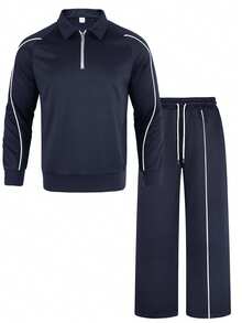 Kolrap Men's 2 Pieces Sports Set, Quarter Zip Collar Sweatshirt Paired With Drawstring Wide Leg Pants, Contrast Color Piping Raglan Sleeves, Casual Loose Fit, Suitable For Daily Wear - Navy Blue - View 3