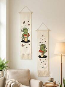 1件/2件装青蛙图案壁挂，波西米亚蘑菇艺术墙旗，可爱青蛙喝咖啡挂毯，复古卡通墙饰，适用于卧室、客厅、宿舍、书房、厨房，北欧风格植物系列装饰卷轴画 - 彩色 - 查看 10