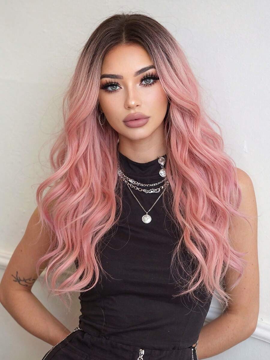 26 Inch Long Wavy Synthetic Wig, Ombre Pink To Dark Brown Roots, Middle Part, Heat Resistant, Suitable For Party, Halloween, Daily Wear, Halloween & Christmas Gift, Gift For Girlfriend, Summer & Festival Care, Natural Sexy Casual Sports Style, College Style Cosplay Heat Resistant Wig, Suitable For Festivals, Parties, Daily Wear - 漸層粉紅色 - 查看 1