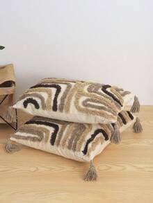 1pc Geometric Line Pattern Cushion Cover, Bohemian Plush All-Over Embroidered Tassel Decorative Pillow Sham For Living Room, Bedroom, Sofa, Bedroom, Home Decor, Outdoor Patio, Garden, Holiday Party, Car, Seasonal Use, Without Insert, 30*50cm, 45*45cm - Multicolor - View 7