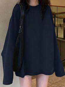 女士海军蓝百搭休闲宽松圆领长袖上衣，适合日常穿着和通勤，春季百搭 - 藏蓝色 - 查看 4