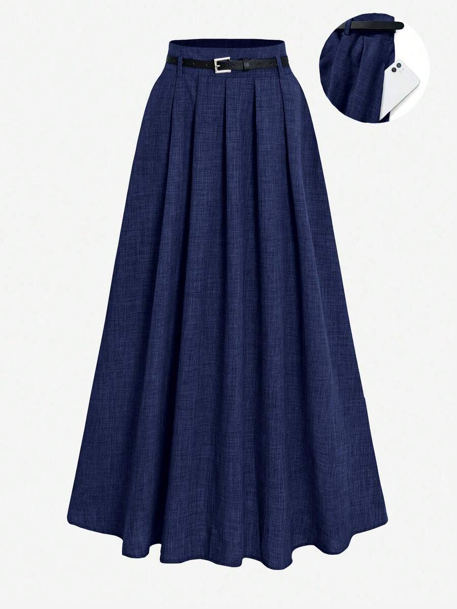 Váy xếp ly cạp cao thắt lưng trang trí cho nữ - Màu xanh hải quân - Xem 1