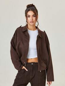 KATCH ME Women's Vintage Oversized Solid Color Suede Cropped Bomber Jacket, Winter Clothes Fashion Outfits - Coffee - View 4