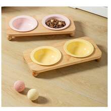 纯色木质飞碟宠物碗，带木质支架，双碗设计，颈部保护，防溢漏，猫狗粮水碗，宠物用品 - 300ml - 查看 1