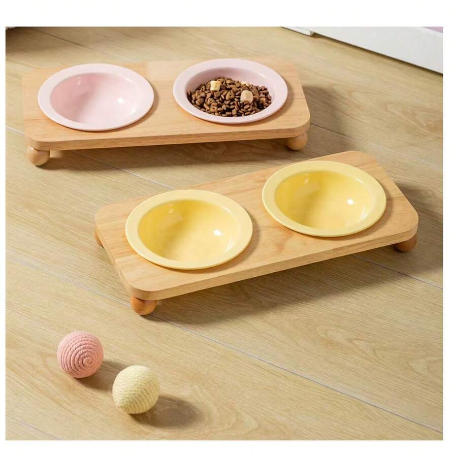 纯色木质飞碟宠物碗，带木质支架，双碗设计，颈部保护，防溢漏，猫狗粮水碗，宠物用品 - 300ml - 查看 1