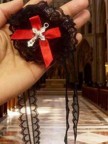 1pc Gothic Lace Eyemask, Bow & Heart Headband Accessory, Can Be Used As Leg Garter, For Holiday Party Costume,Halloween - Multicolor - View 8